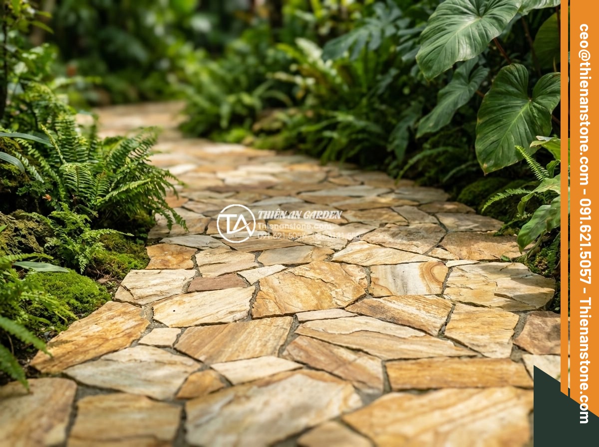 Keo dán đá chuyên dụng cho đá ghép tự nhiên: Loại nào tốt nhất hiện nay? - High-resolution photo of natural stone mosaic pathway in a lush Vietnamese garde