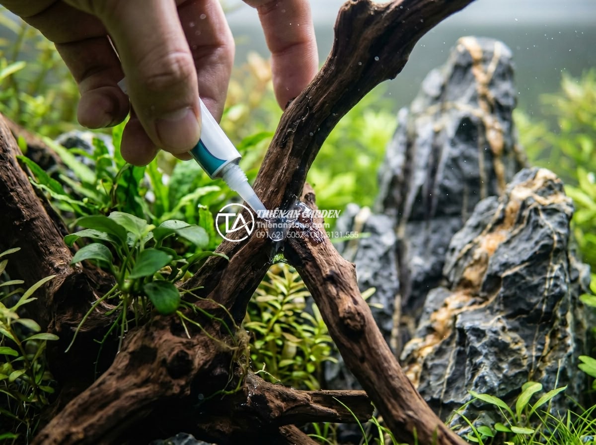 Keo dán lũa thủy sinh loại nào tốt? Review top 5 loại keo siêu dính - Close-up view of high-quality aquarium-safe glue being applied to natural driftw