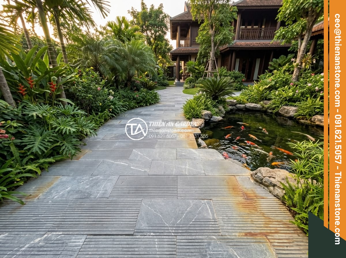 Khắc phục hiện tượng đá răng lược bị ố vàng sau một thời gian sử dụng - Hình 2 Khắc phục hiện tượng đá răng lược bị ố vàng sau một thời gian sử dụng - Wide angle realistic photograph of a luxury Vietnamese villa garden pathway cons