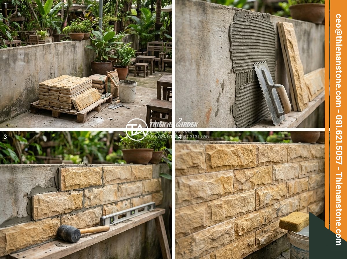 Khám phá vẻ đẹp mộc mạc của đá ong ghép 10x50 trong thiết kế Cafe sân vườn - Step-by-step professional installation process of 10x50 honeycomb stone on cafe 