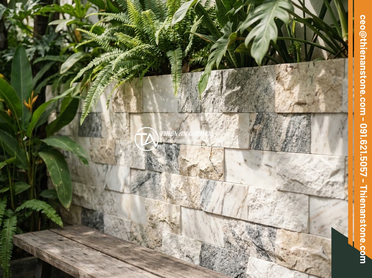 Khám phá vẻ đẹp mộc mạc của đá ong ghép 10x50 trong thiết kế Cafe sân vườn - Completed professional installation of honeycomb stone 10x50 in garden cafe with