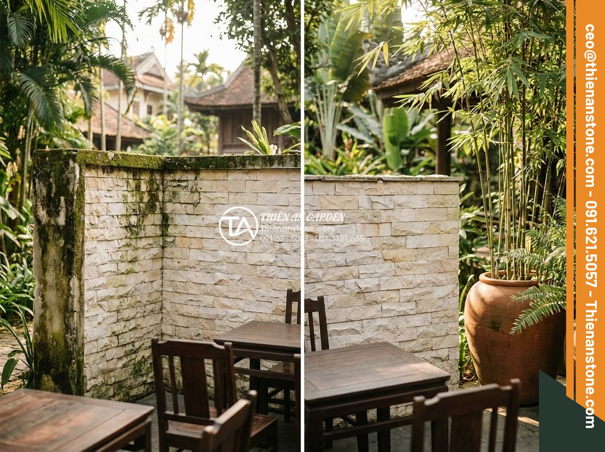 Khám phá vẻ đẹp mộc mạc của đá ong ghép 10x50 trong thiết kế Cafe sân vườn - Side-by-side comparison chart style image of 10x50 honeycomb stone versus other 