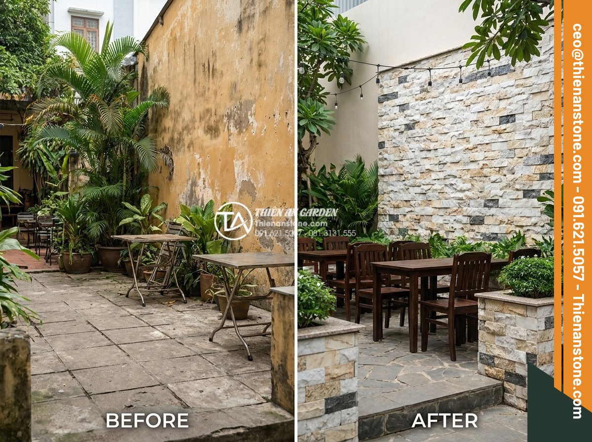 Khám phá vẻ đẹp mộc mạc của đá ong ghép 10x50 trong thiết kế Cafe sân vườn - Real project photos of completed cafe garden using 10x50 honeycomb stone by Thie