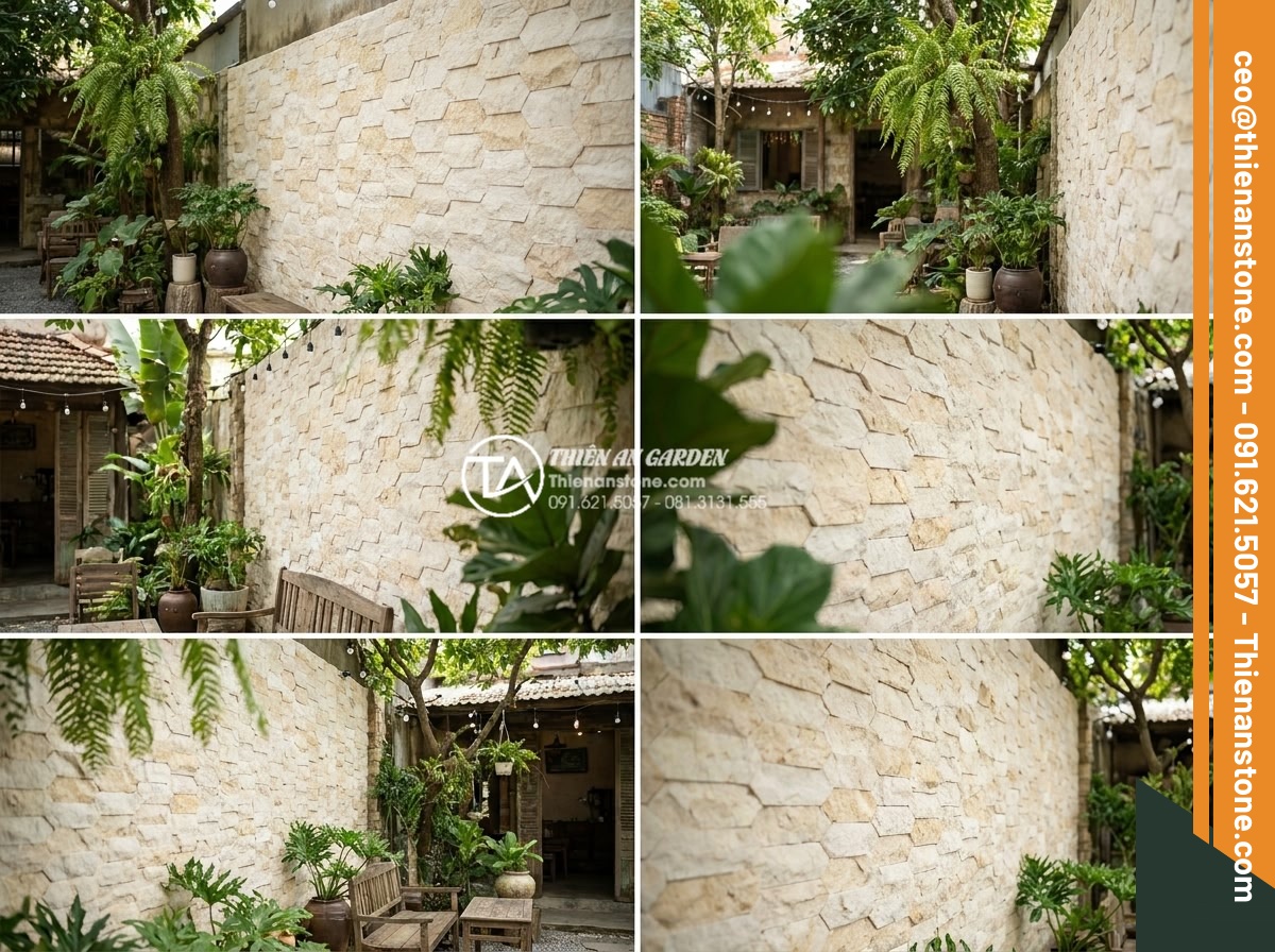 Khám phá vẻ đẹp mộc mạc của đá ong ghép 10x50 trong thiết kế Cafe sân vườn - Showcase of multiple real-world cafe garden projects featuring 10x50 honeycomb s