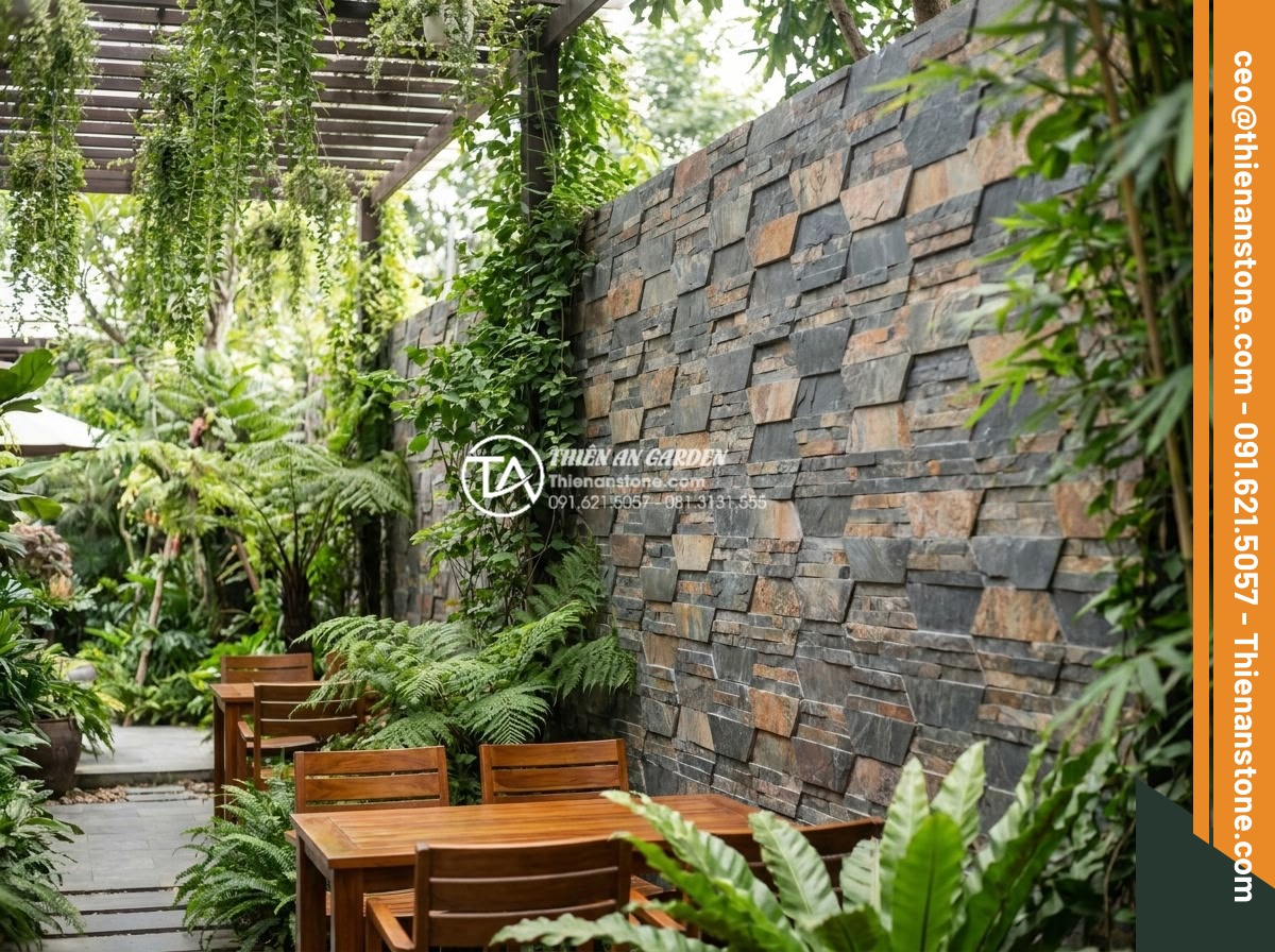 Khám phá vẻ đẹp mộc mạc của đá ong ghép 10x50 trong thiết kế Cafe sân vườn - Final overview of luxurious cafe garden design completed by Da Canh Thien An fea
