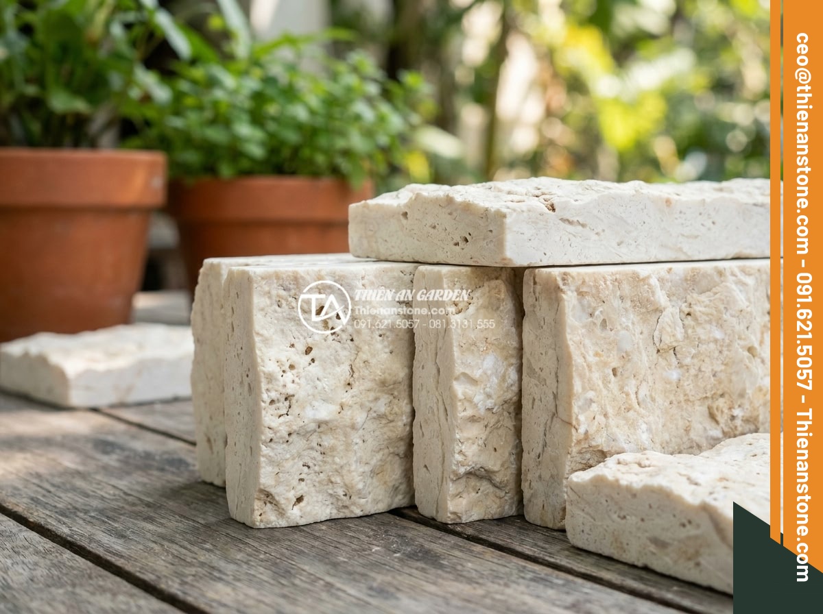 Khám phá vẻ đẹp mộc mạc của đá ong ghép 10x50 trong thiết kế Cafe sân vườn - Detailed technical close-up of 10x50 honeycomb stone pieces showing porous honey