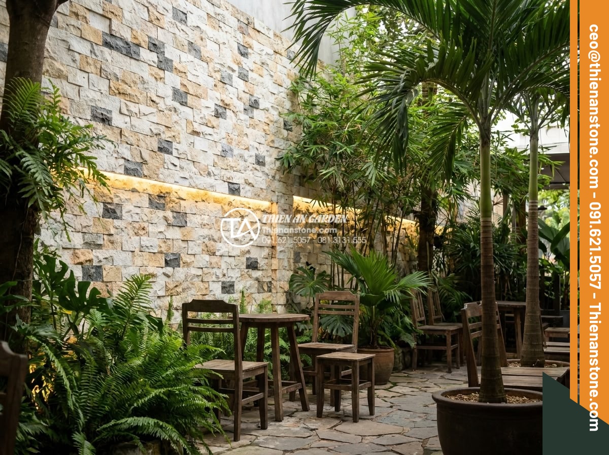 Khám phá vẻ đẹp mộc mạc của đá ong ghép 10x50 trong thiết kế Cafe sân vườn - Creative application of 10x50 honeycomb stone as wall cladding around outdoor ca