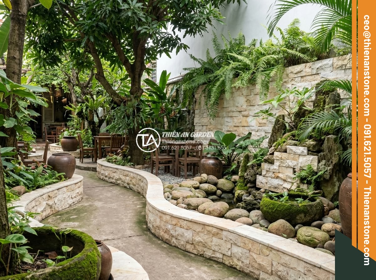 Khám phá vẻ đẹp mộc mạc của đá ong ghép 10x50 trong thiết kế Cafe sân vườn - Versatile uses of honeycomb 10x50 stone in cafe garden including pathway edging,