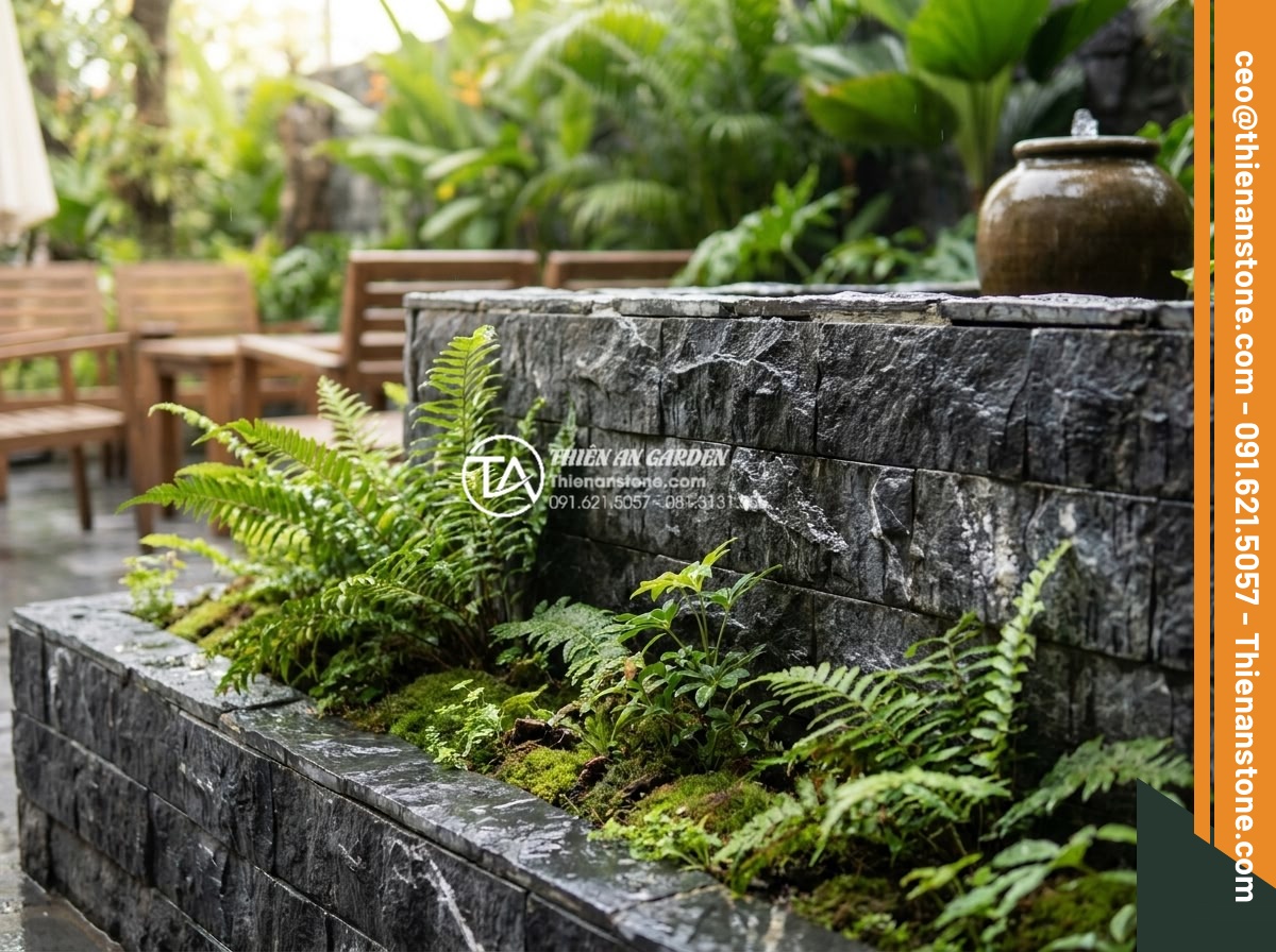 Khám phá vẻ đẹp mộc mạc của đá ong ghép 10x50 trong thiết kế Cafe sân vườn - Benefits visualization of 10x50 honeycomb stone in cafe garden showing durabilit
