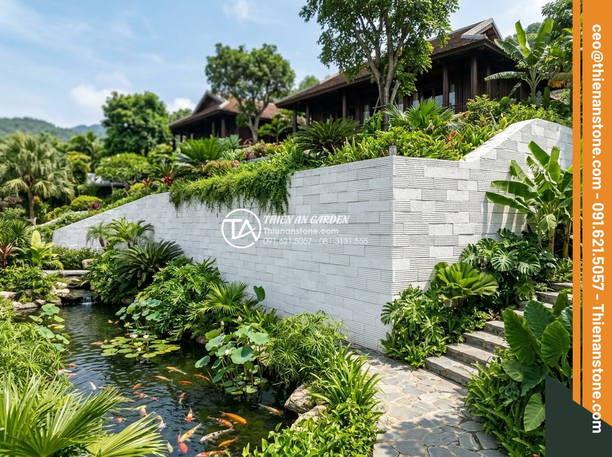 Kích thước đá răng lược phổ biến và cách chọn quy cách phù hợp cho tường lớn - High-resolution professional photograph of a massive natural stone retaining wal