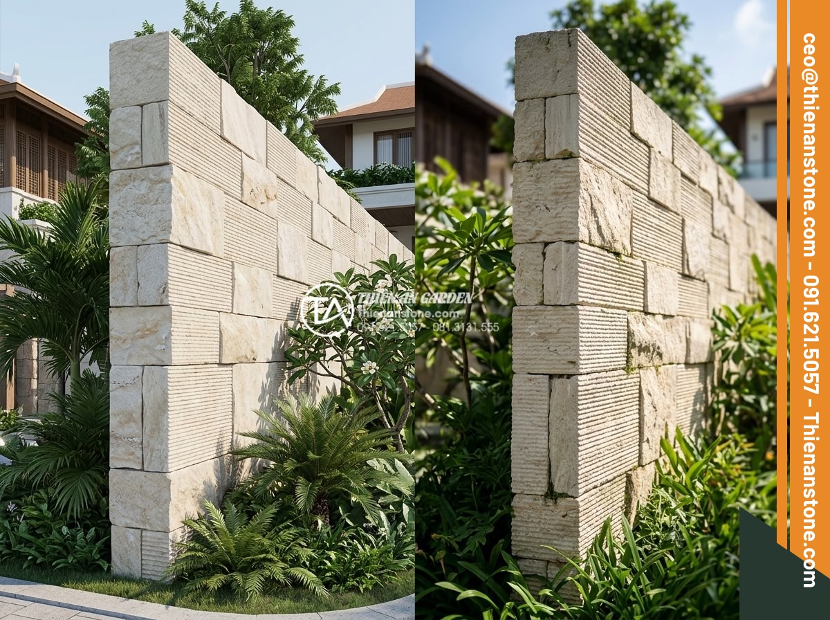 Kích thước đá răng lược phổ biến và cách chọn quy cách phù hợp cho tường lớn - Professional architectural rendering and real photo comparison of a tall perimet
