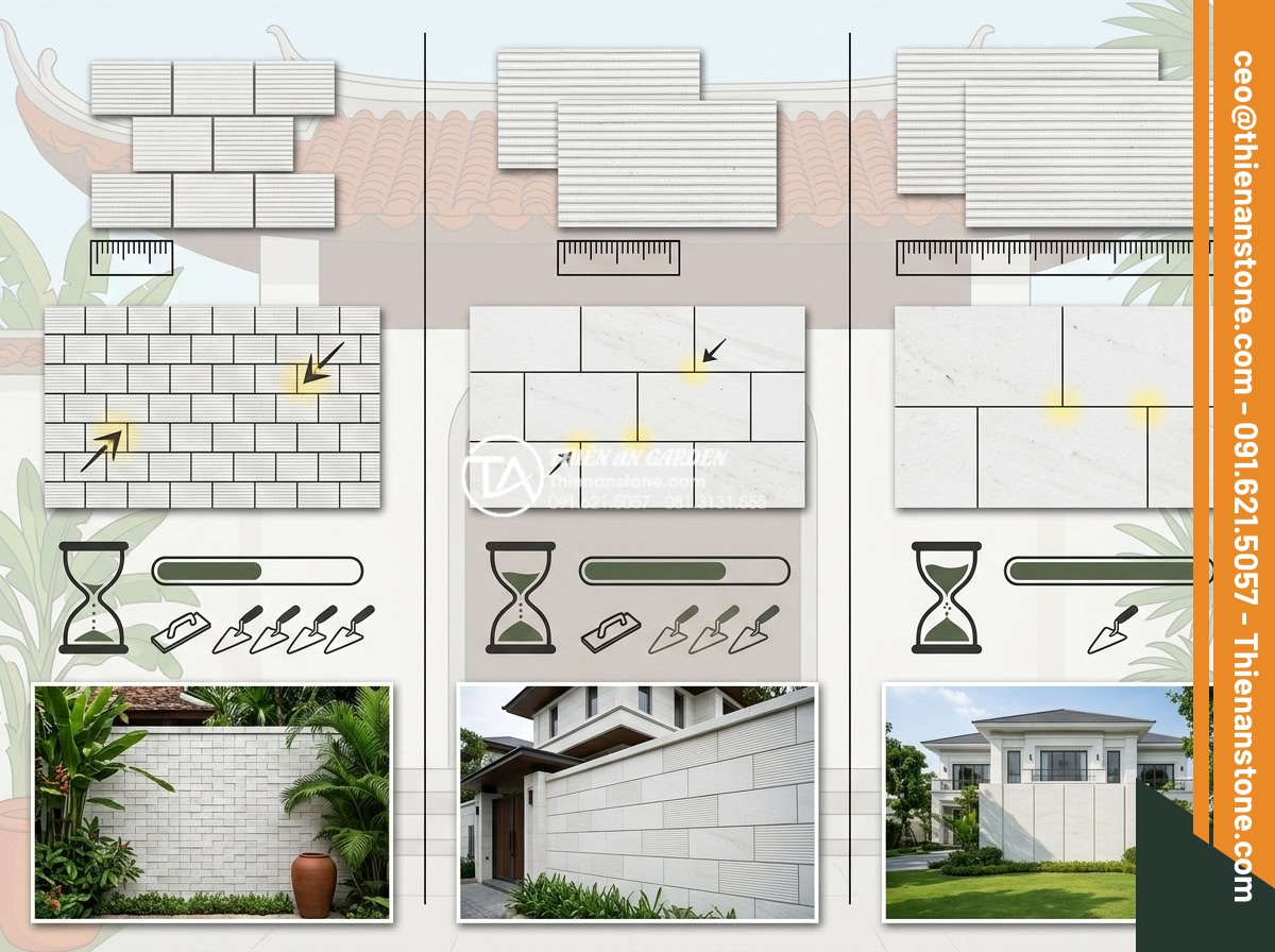 Kích thước đá răng lược phổ biến và cách chọn quy cách phù hợp cho tường lớn - Informative comparison chart and real-life photo montage showing different sizes