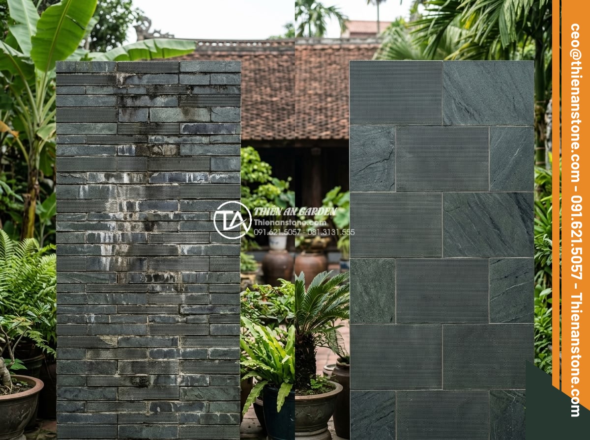 Kích thước đá răng lược phổ biến và cách chọn quy cách phù hợp cho tường lớn - Side-by-side professional comparison photograph of two large garden walls after 