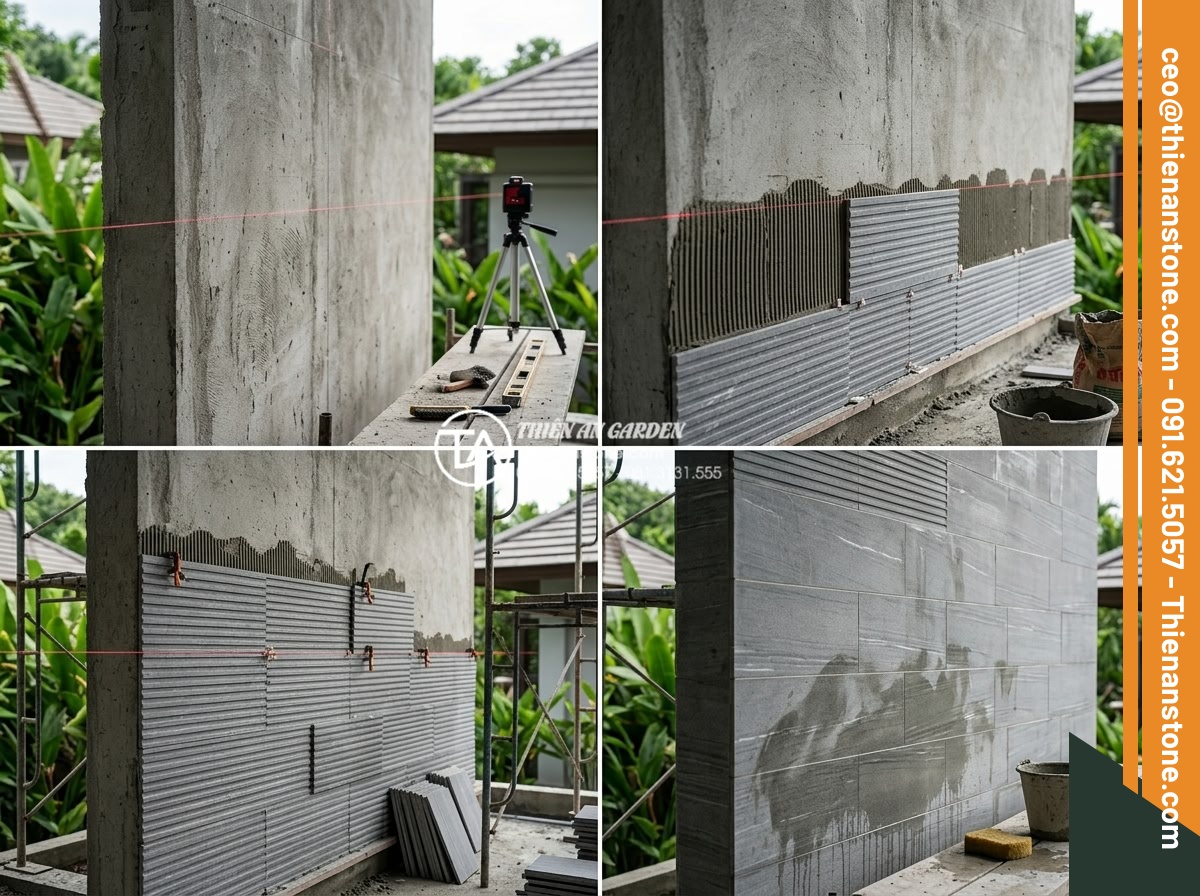 Kích thước đá răng lược phổ biến và cách chọn quy cách phù hợp cho tường lớn - Step-by-step construction process photography of installing large da rang luoc s