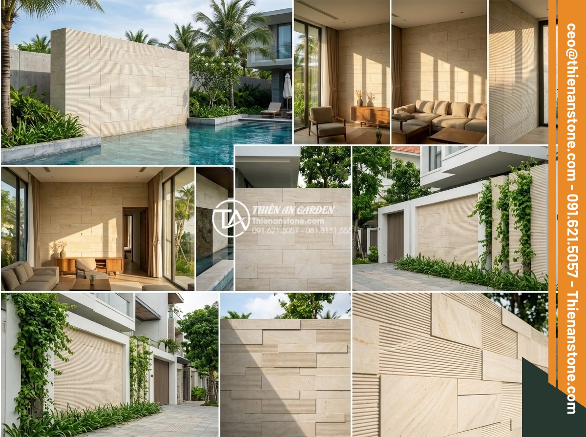 Kích thước đá răng lược phổ biến và cách chọn quy cách phù hợp cho tường lớn - Real project portfolio collage from Da Canh Thien An showing completed large nat