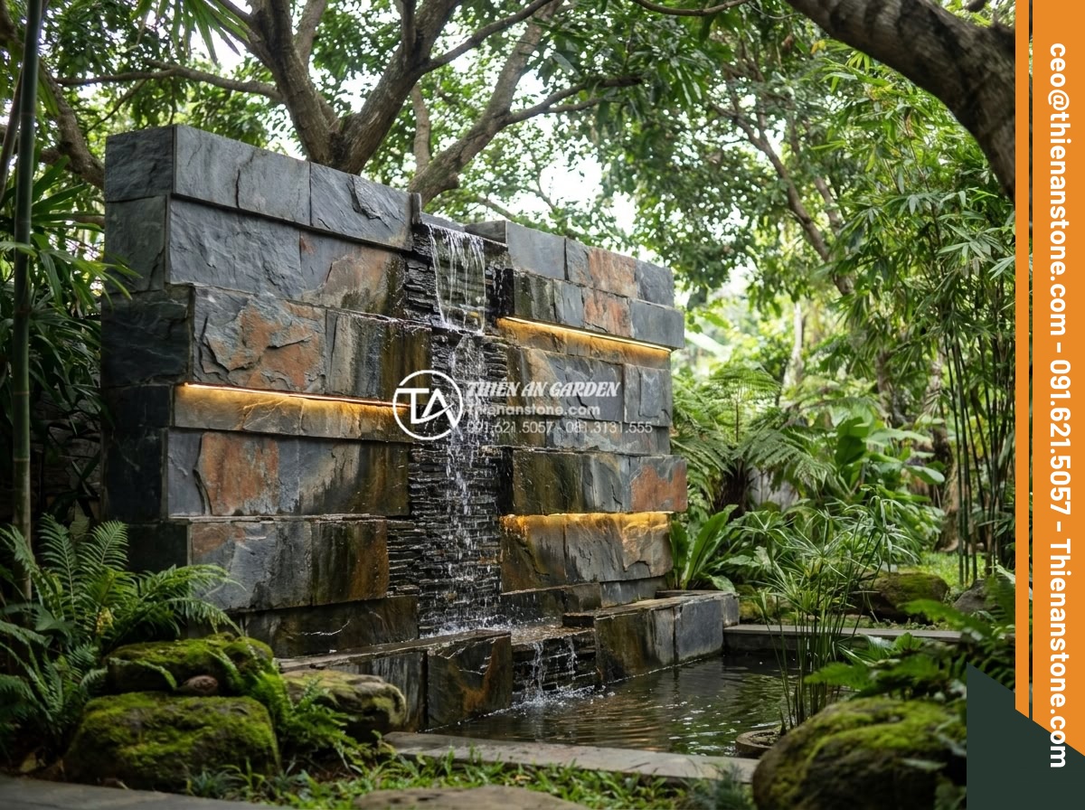 Kinh nghiệm chọn đá ghép đen ốp giếng trời tạo chiều sâu cho không gian - Artistic design of black stone skywell with layered depth effects, integrated li