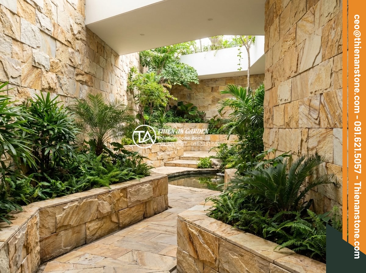 Kinh nghiệm chọn đá ghép đen ốp giếng trời tạo chiều sâu cho không gian - Creative landscape design using black natural stacked stones to enhance spatial 