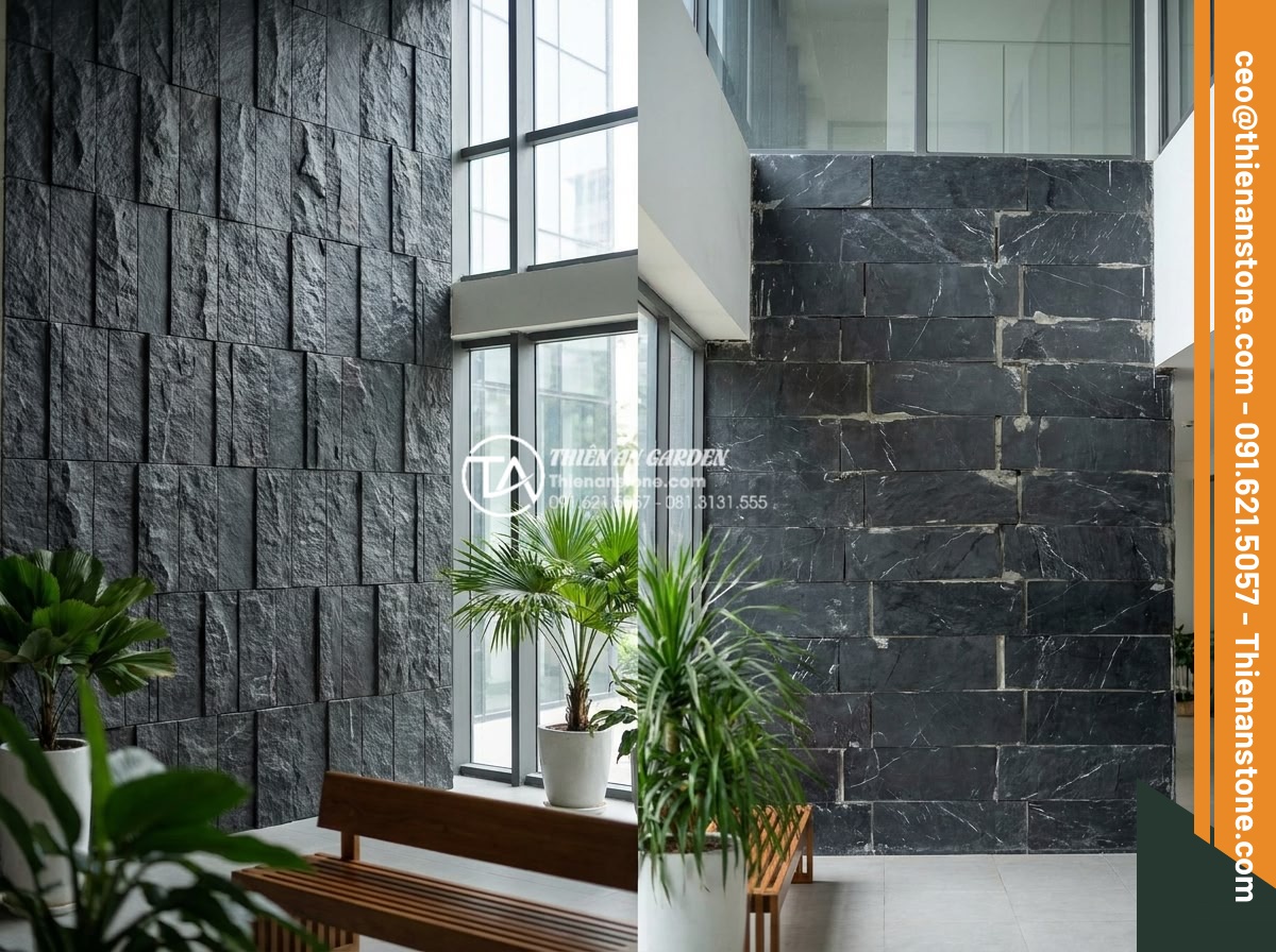 Kinh nghiệm chọn đá ghép đen ốp giếng trời tạo chiều sâu cho không gian - Corrected professional black stone cladding examples versus common errors in dep
