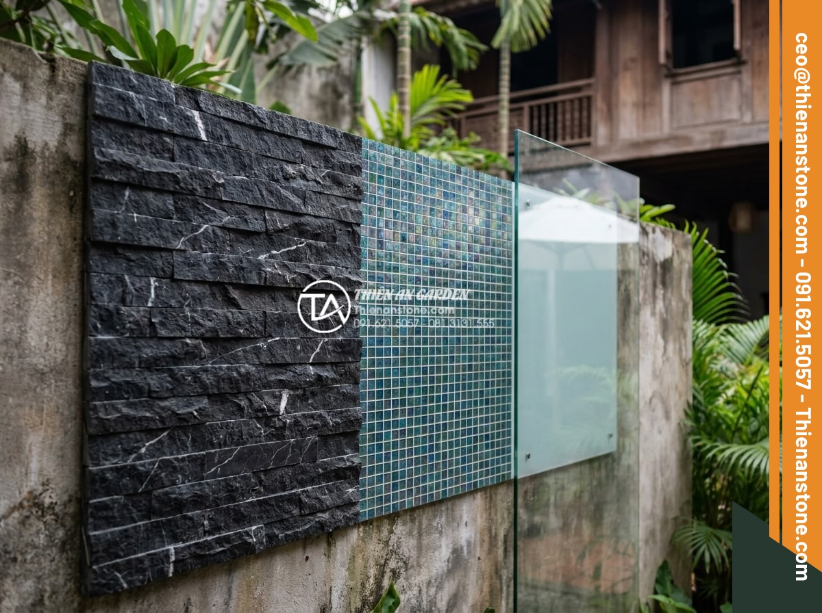 Kinh nghiệm chọn đá ghép đen ốp giếng trời tạo chiều sâu cho không gian - Comparison chart visual of black stacked stone versus other skywell cladding mat