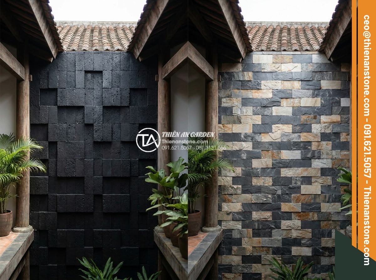Kinh nghiệm chọn đá ghép đen ốp giếng trời tạo chiều sâu cho không gian - Side-by-side comparison images of different skywell materials highlighting black