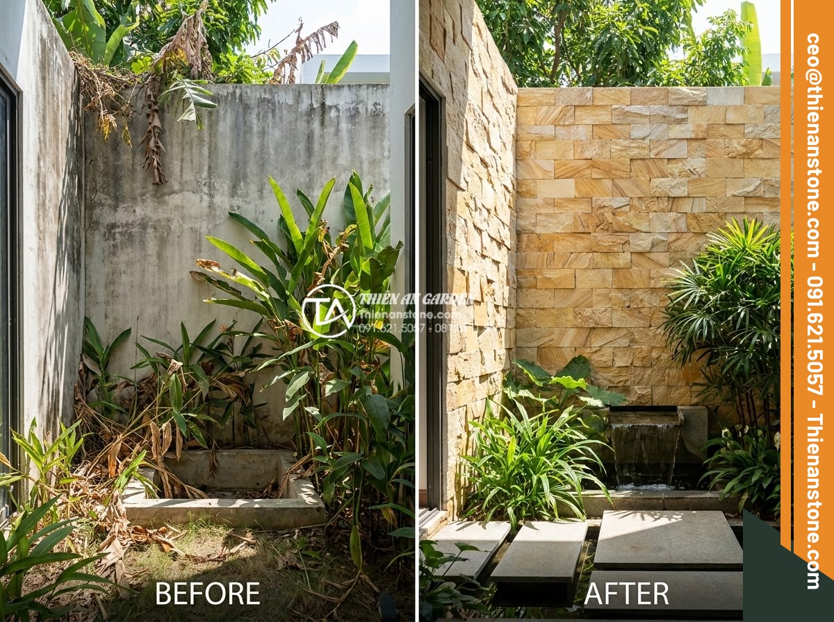 Kinh nghiệm chọn đá ghép đen ốp giếng trời tạo chiều sâu cho không gian - Before and after photos of luxury villa skywell transformed with black natural s