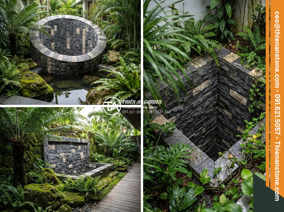 Kinh nghiệm chọn đá ghép đen ốp giếng trời tạo chiều sâu cho không gian - Real project case study images of completed black stone skywell installations in