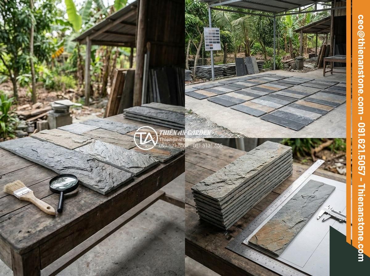Kinh nghiệm chọn đá ghép đen ốp giếng trời tạo chiều sâu cho không gian - High quality black natural stone selection process showing texture, color unifor