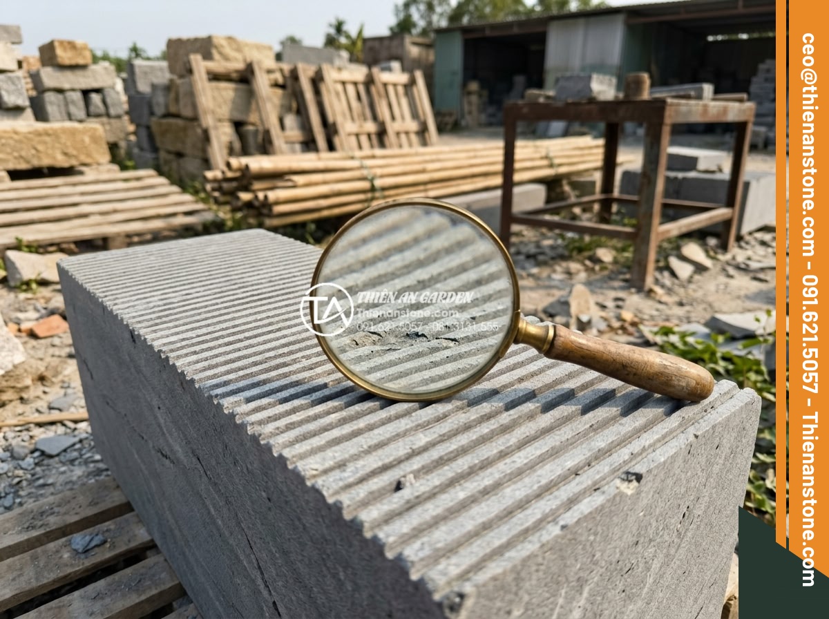 Kinh nghiệm chọn đá răng lược xám cho hàng rào và vách ngăn ngoài trời - Expert using magnifying glass to inspect gray serrated stone authenticity at sto