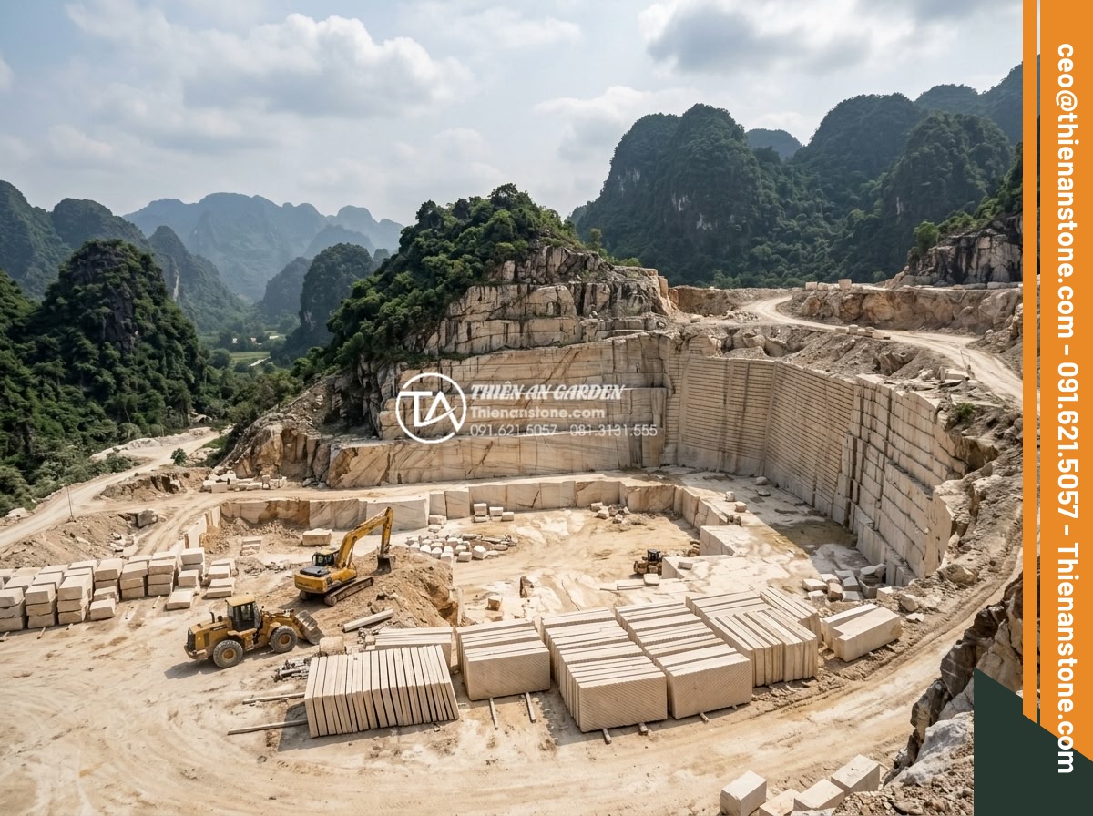 Kinh nghiệm chọn đá răng lược xám cho hàng rào và vách ngăn ngoài trời - Wide angle view of natural gray serrated stone quarry in Vietnam with workers ex