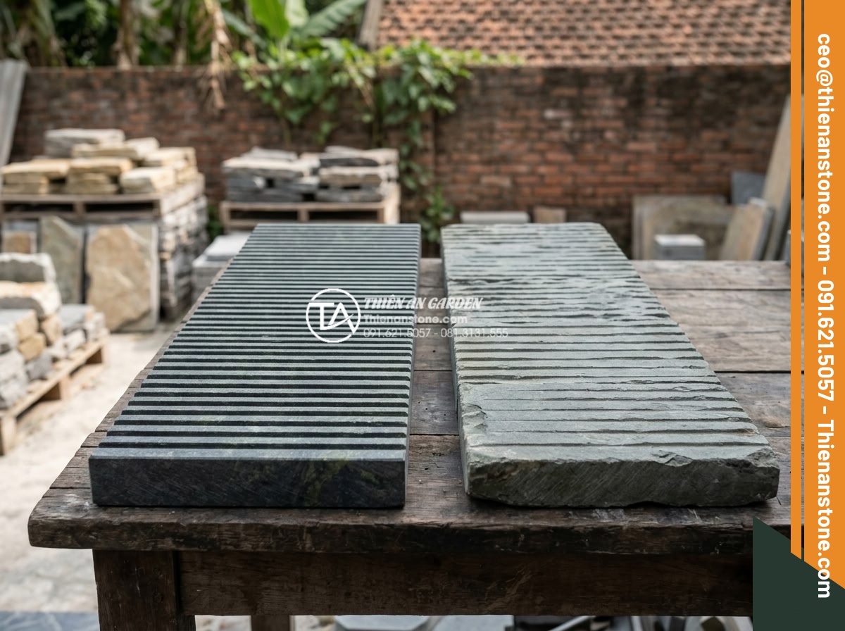 Kinh nghiệm chọn đá răng lược xám cho hàng rào và vách ngăn ngoài trời - Side by side comparison of high quality vs low quality gray serrated stone showi