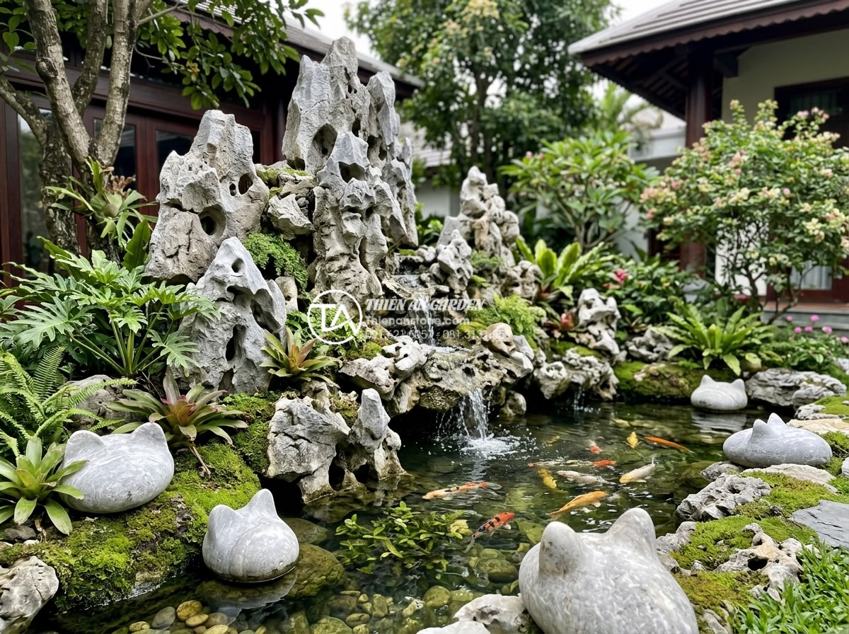 Kỹ thuật dưỡng đá tai mèo sau khi mua về để đá luôn bóng đẹp - Hình 16 Kỹ thuật dưỡng đá tai mèo sau khi mua về để đá luôn bóng đẹp - Large scale non-bo rockery with polished cat ear stones integrated into koi pond