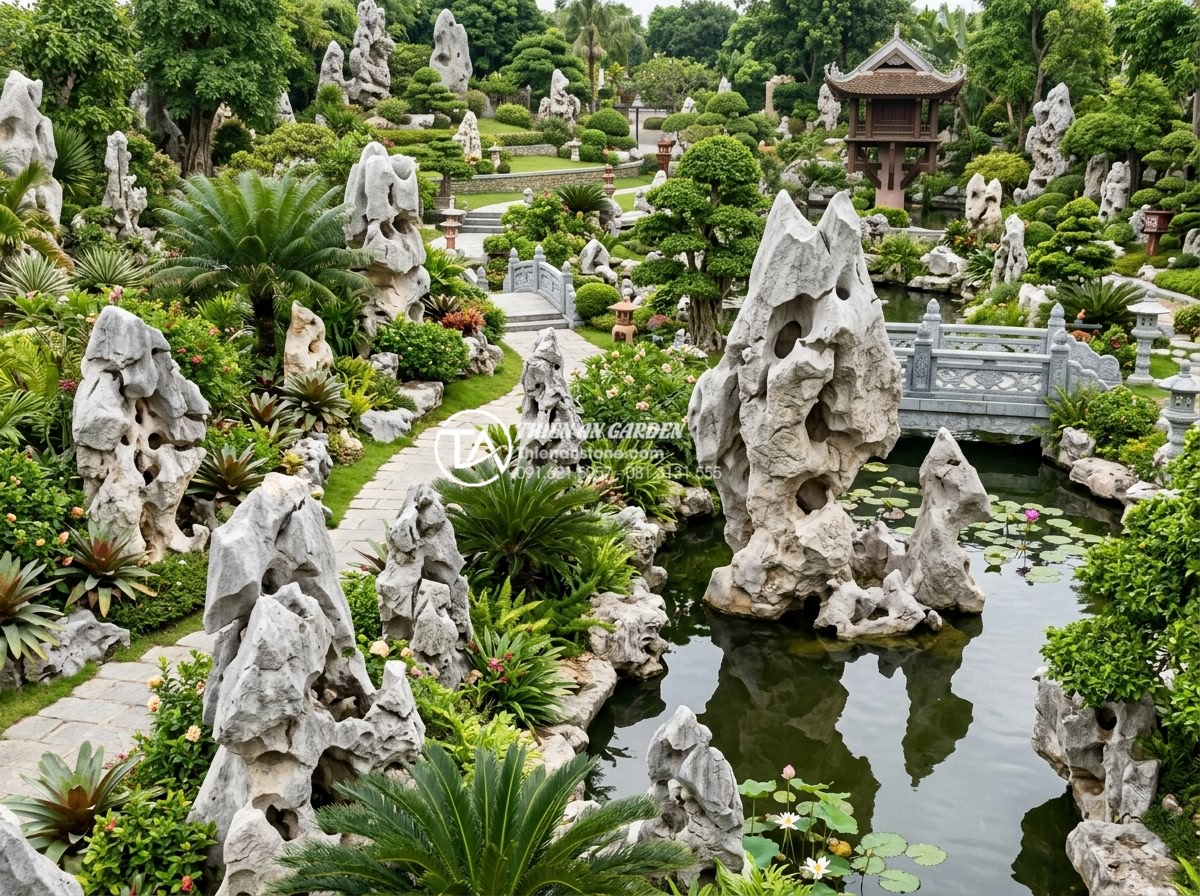 Kỹ thuật dưỡng đá tai mèo sau khi mua về để đá luôn bóng đẹp - Hình 18 Kỹ thuật dưỡng đá tai mèo sau khi mua về để đá luôn bóng đẹp - Luxurious garden overview with perfectly polished cat ear stones enhancing overa