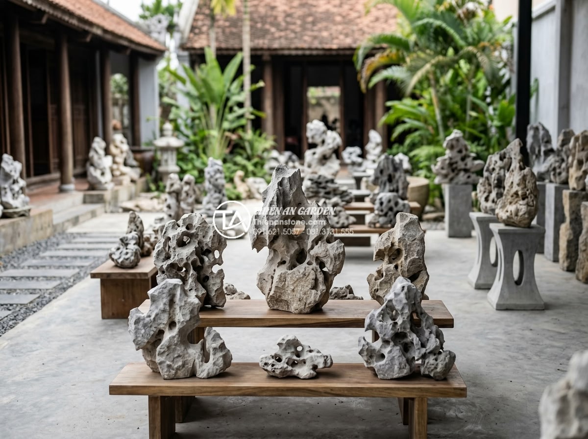 Kỹ thuật dưỡng đá tai mèo sau khi mua về để đá luôn bóng đẹp - Hình 20 Kỹ thuật dưỡng đá tai mèo sau khi mua về để đá luôn bóng đẹp - Branded overview image of Thien An Stone company showroom displaying various pol