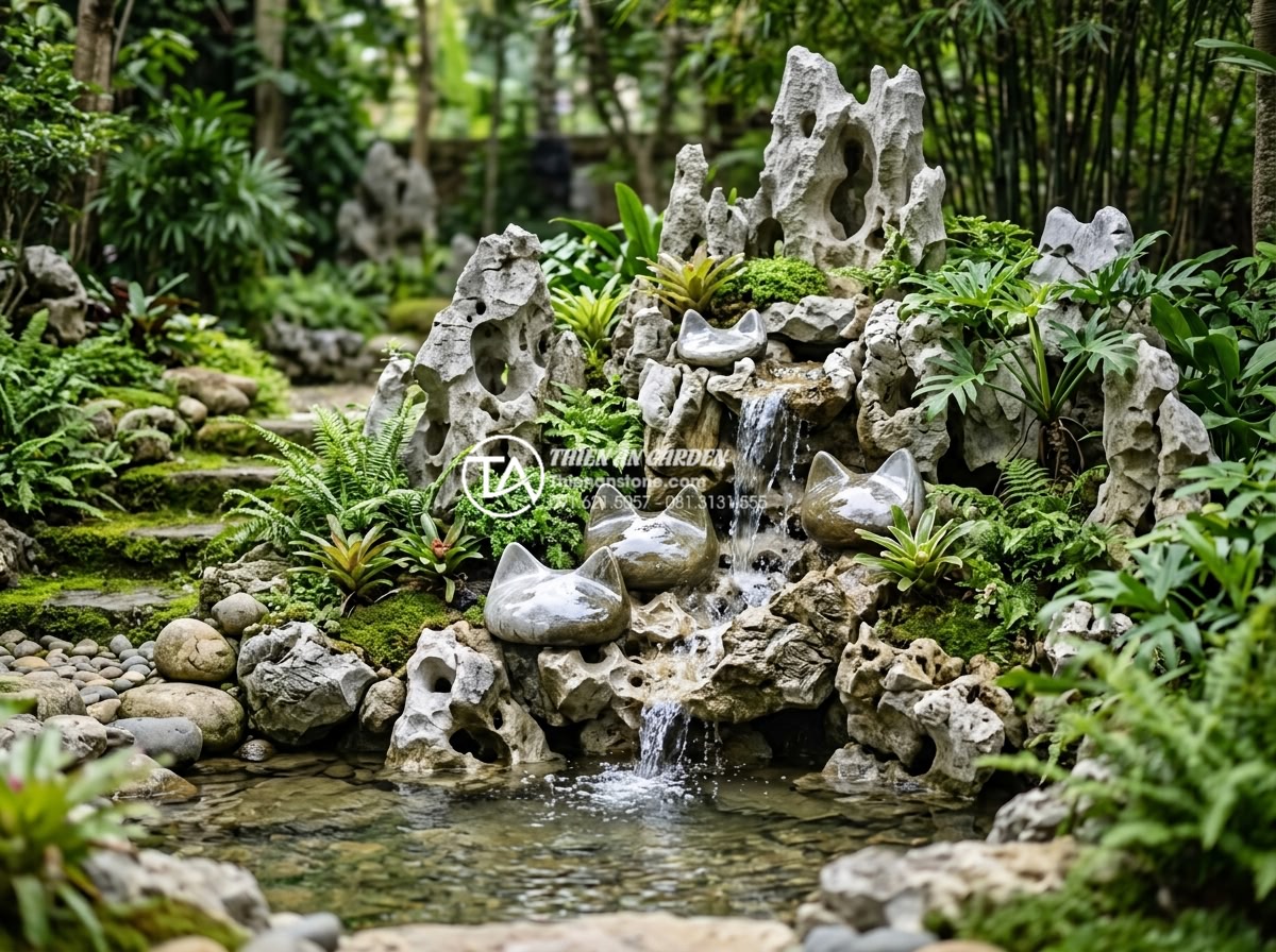 Kỹ thuật dưỡng đá tai mèo sau khi mua về để đá luôn bóng đẹp - Hình 7 Kỹ thuật dưỡng đá tai mèo sau khi mua về để đá luôn bóng đẹp - Realistic outdoor garden scene with maintained shiny cat ear stones integrated i
