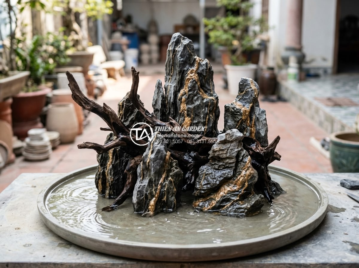 Kỹ thuật gắn lũa vào đá thủy sinh: Bí quyết tạo bố cục vững chãi - Completed glued driftwood and stone assembly being tested for stability by gentl