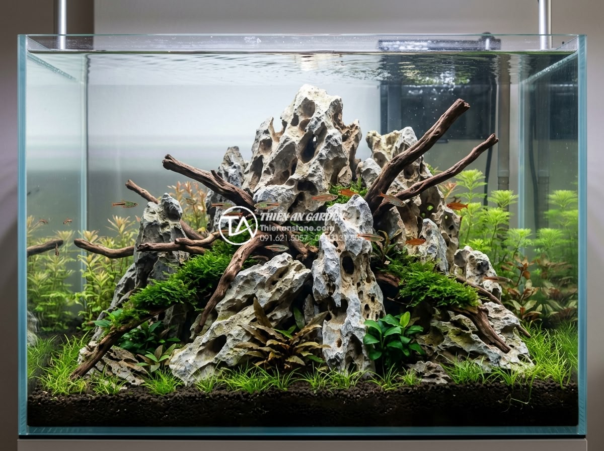 Kỹ thuật gắn lũa vào đá thủy sinh: Bí quyết tạo bố cục vững chãi - Wide angle view of a professional aquascape layout featuring multiple pieces of 