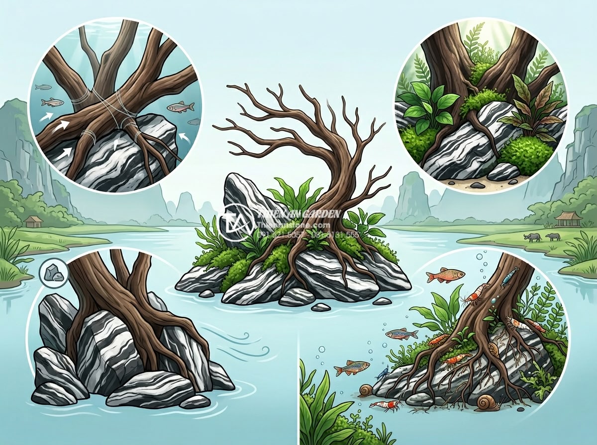 Kỹ thuật gắn lũa vào đá thủy sinh: Bí quyết tạo bố cục vững chãi - Infographic style illustration of benefits including stability, aesthetics, dura