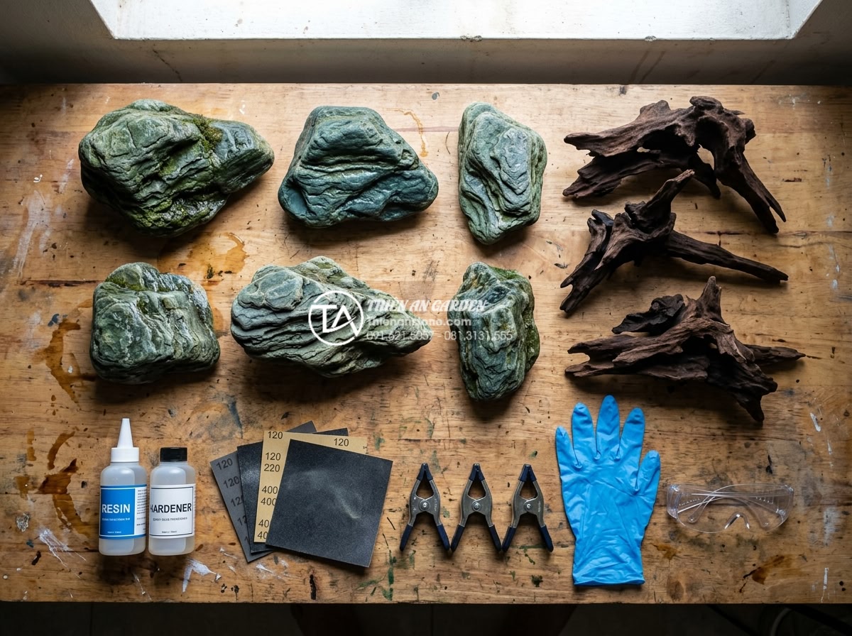 Kỹ thuật gắn lũa vào đá thủy sinh: Bí quyết tạo bố cục vững chãi - Flat lay photograph of all necessary tools and materials for attaching driftwood