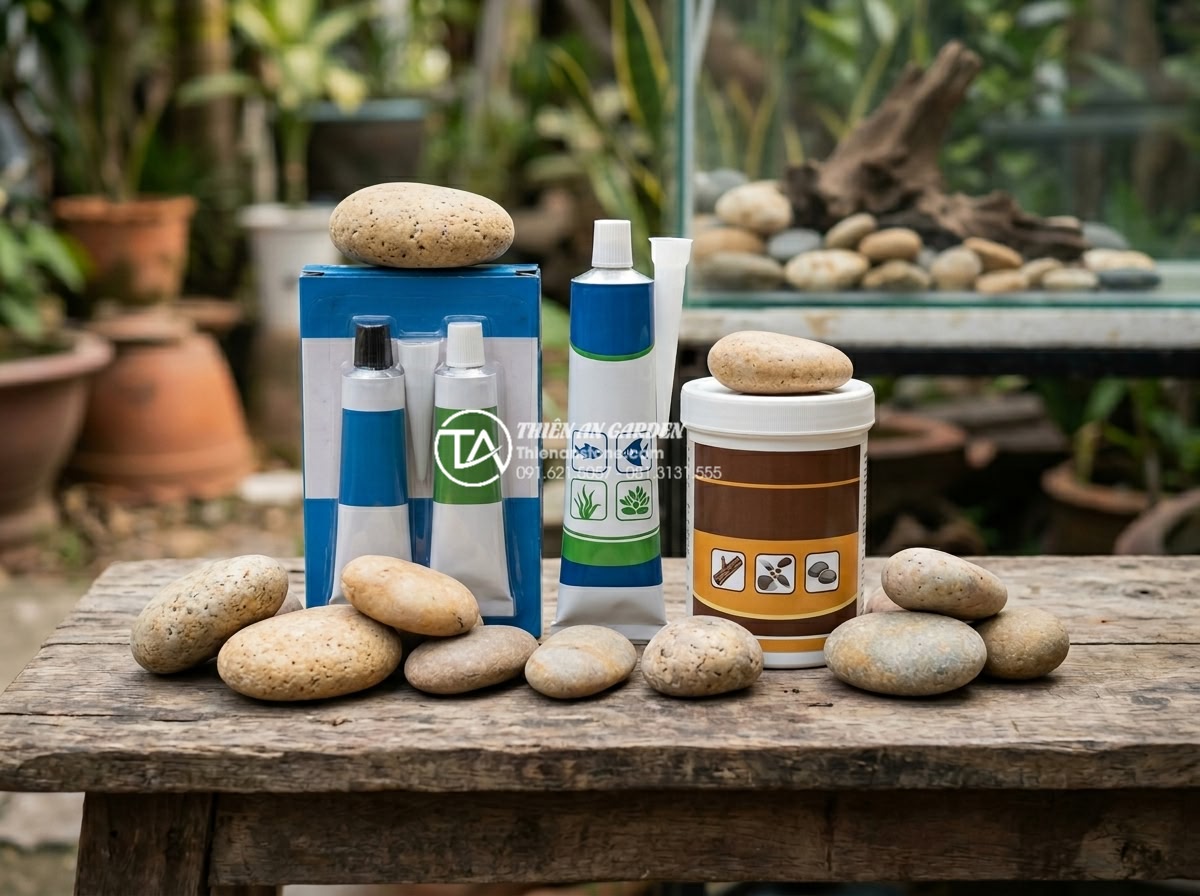 Kỹ thuật gắn lũa vào đá thủy sinh: Bí quyết tạo bố cục vững chãi - Variety of glue products displayed side by side including epoxy resin, aquarium 