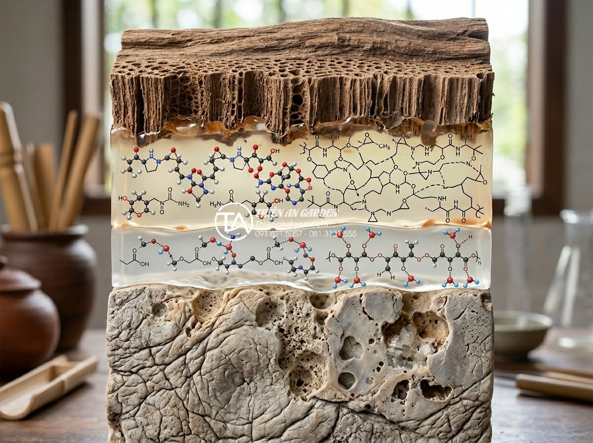 Kỹ thuật gắn lũa vào đá thủy sinh: Bí quyết tạo bố cục vững chãi - Cross section diagram showing molecular bonding of different glues between drift