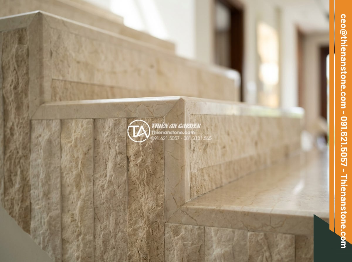 Kỹ thuật ghép mòi đá và ghép cạnh đá hoa cương chuẩn xác, không lộ vết - Luxury granite edge joining completed on villa staircase with perfect alignment 