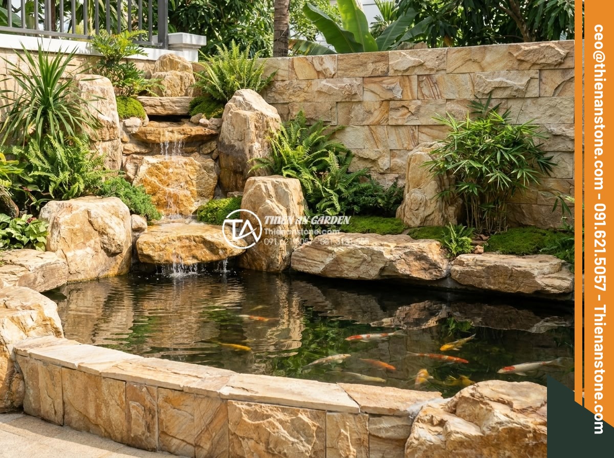 Kỹ thuật ghép mòi đá và ghép cạnh đá hoa cương chuẩn xác, không lộ vết - Real-world application of seamless stone joining in Koi pond and rockery garden 