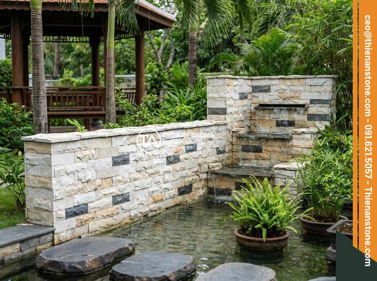 Kỹ thuật ghép mòi đá và ghép cạnh đá hoa cương chuẩn xác, không lộ vết - Stone joining applications in luxury villa garden with natural stone features an