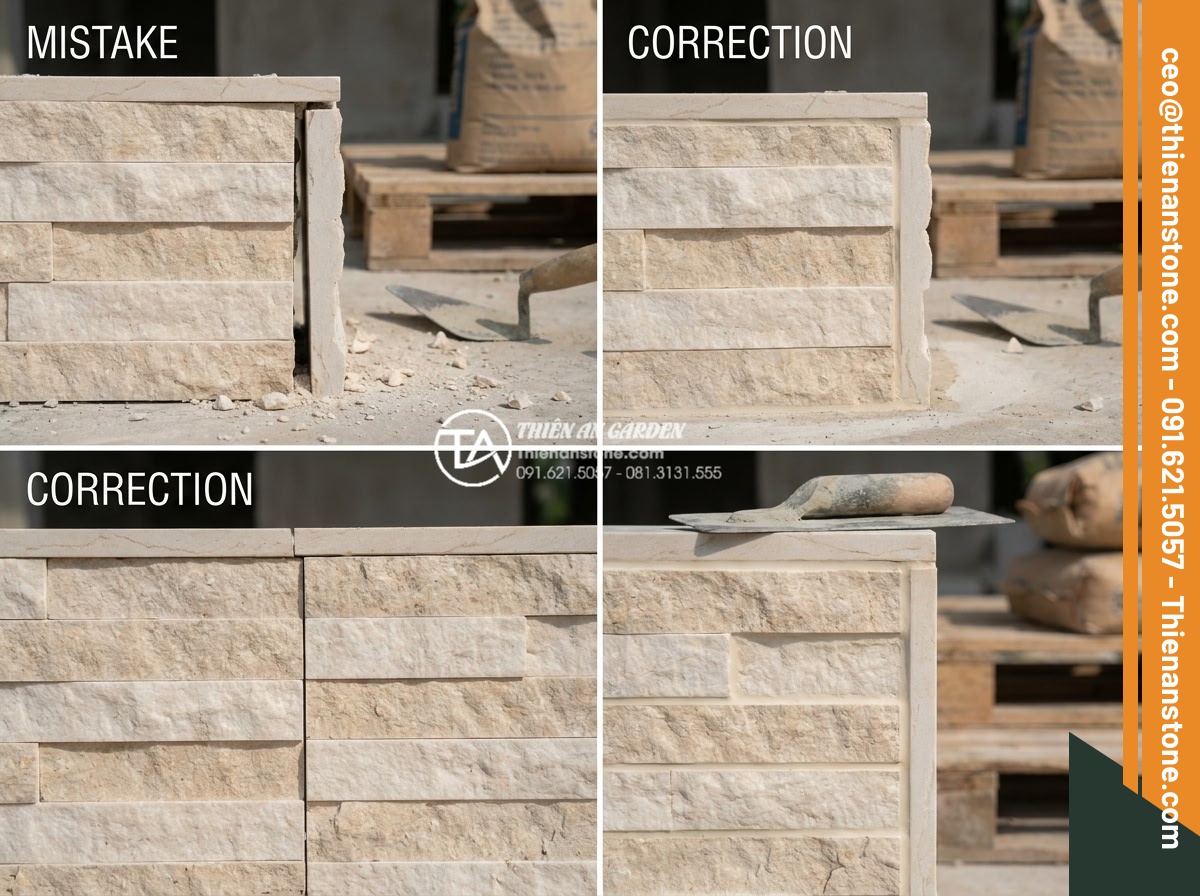 Kỹ thuật ghép mòi đá và ghép cạnh đá hoa cương chuẩn xác, không lộ vết - Common mistakes in stone edge joining and correction techniques shown visually