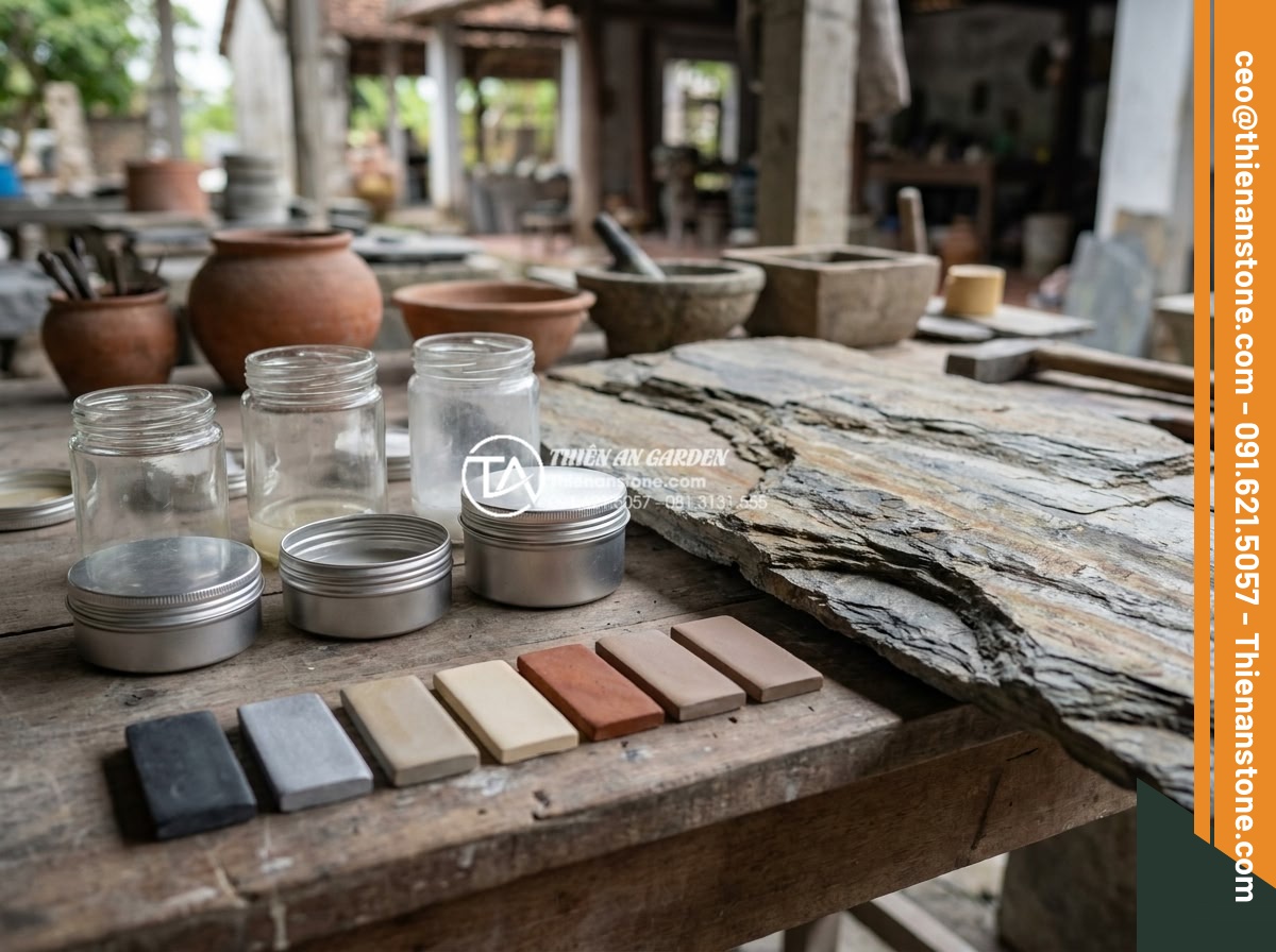 Kỹ thuật ghép mòi đá và ghép cạnh đá hoa cương chuẩn xác, không lộ vết - Best epoxy glues and fillers for natural stone seamless joining displayed with c