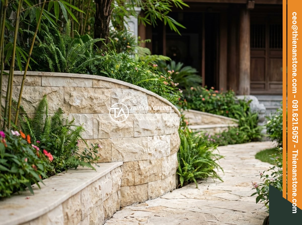 Kỹ thuật ghép mòi đá và ghép cạnh đá hoa cương chuẩn xác, không lộ vết - Completed luxury stone landscape project by Thien An Stone showing perfect edge 