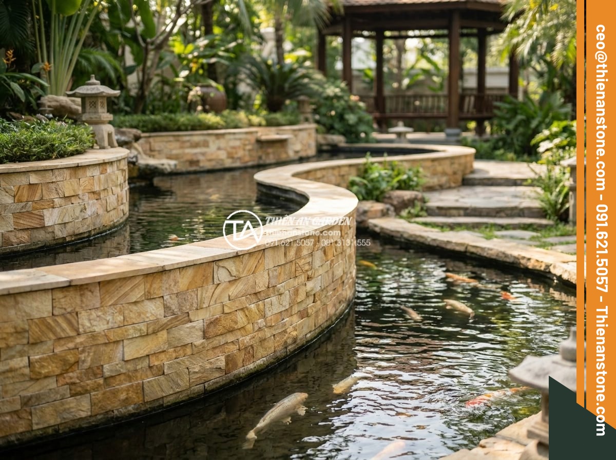 Kỹ thuật ghép mòi đá và ghép cạnh đá hoa cương chuẩn xác, không lộ vết - Beautiful seamless granite edge joining in luxury garden landscape with Koi pond