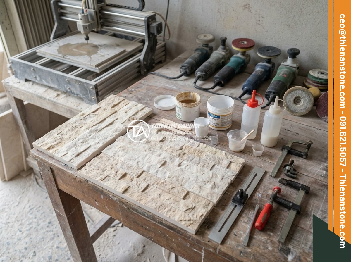Kỹ thuật ghép mòi đá và ghép cạnh đá hoa cương chuẩn xác, không lộ vết - Professional tools and materials layout for precise stone edge joining including