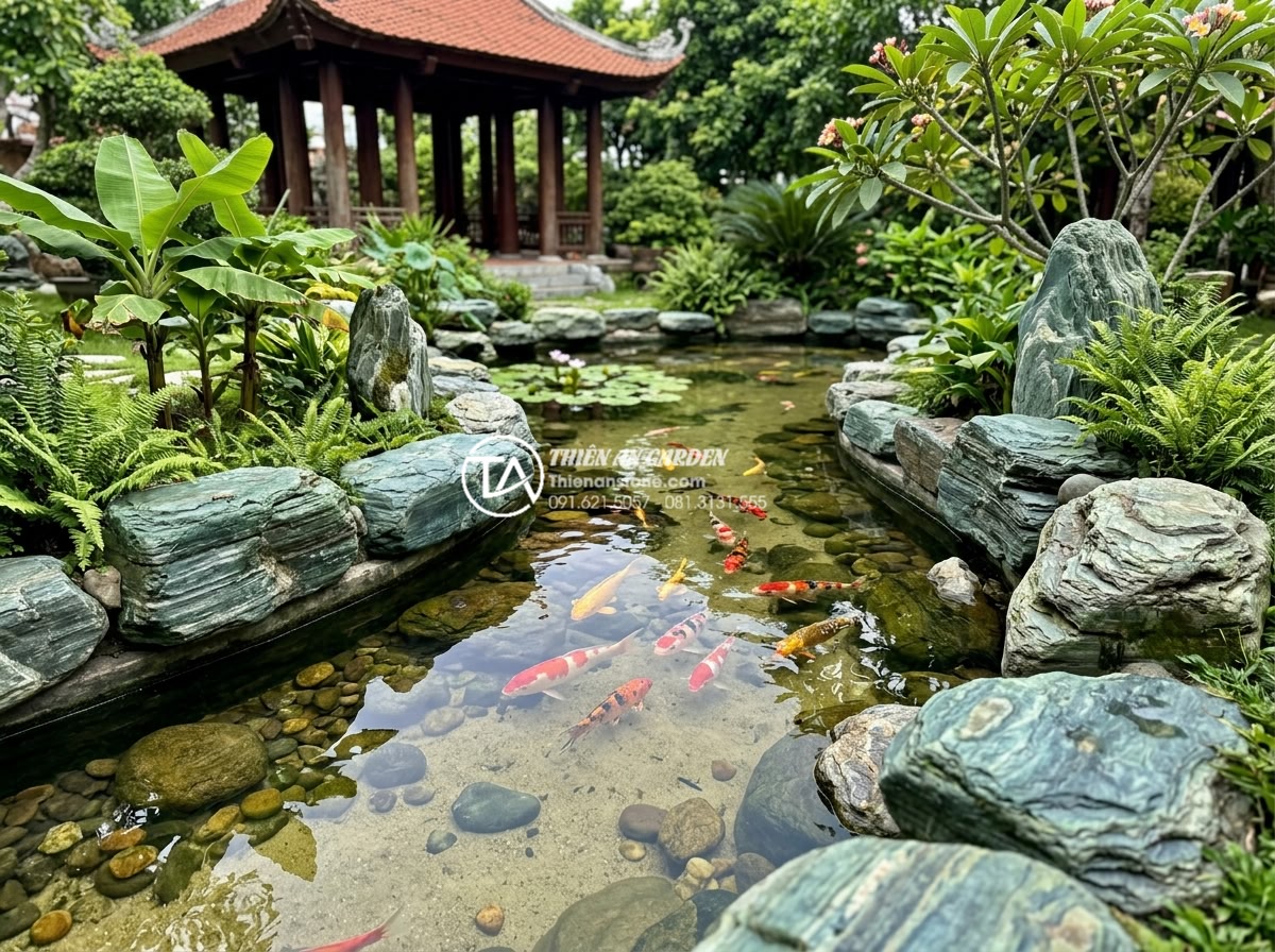 Kỹ thuật kè hồ cá Koi bằng đá xanh Nhật Bản: Đẹp, bền và chuẩn phong thủy - A serene Koi pond with neatly edged banks using Japanese blue stones, crystal cl
