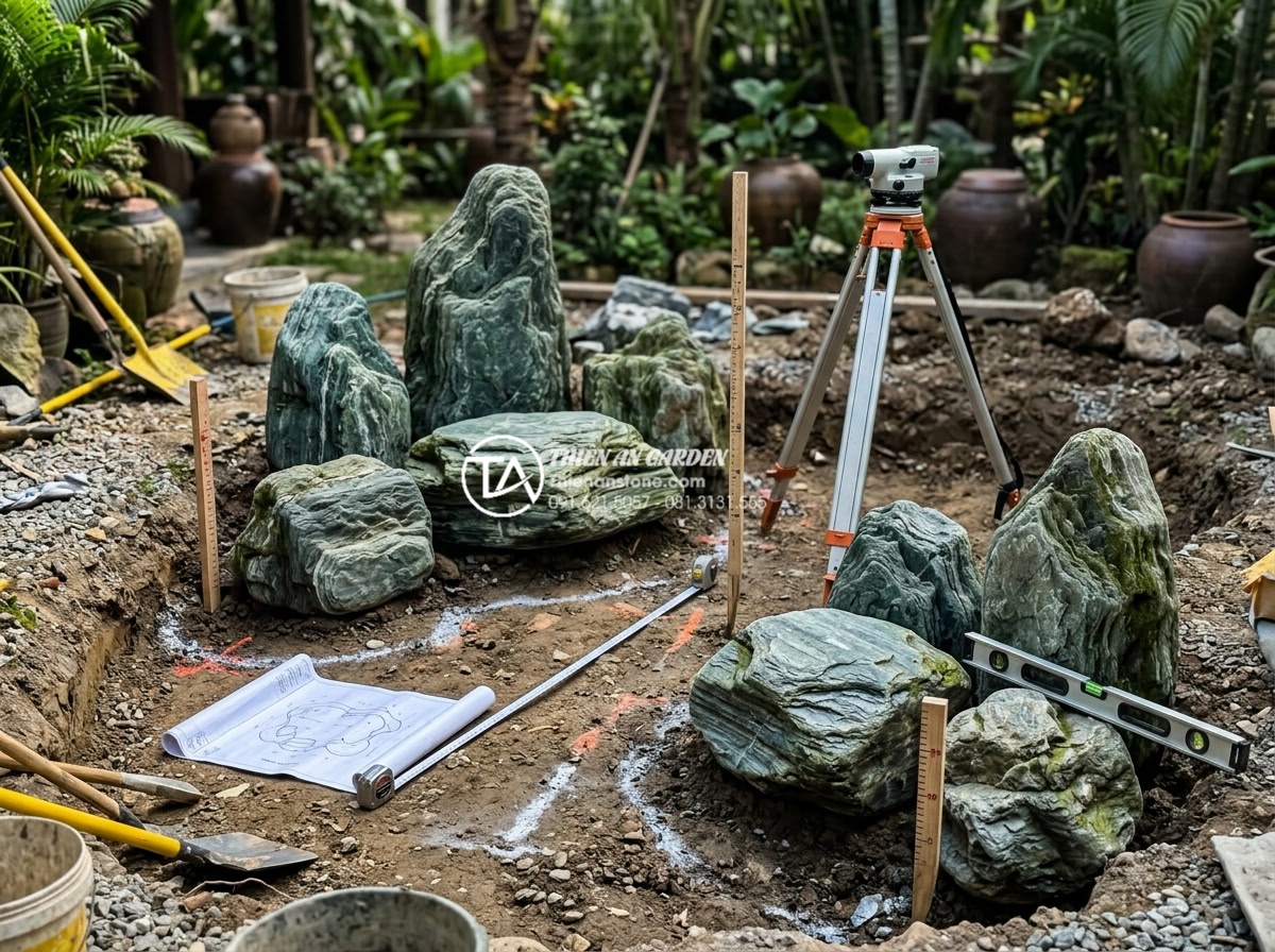 Kỹ thuật kè hồ cá Koi bằng đá xanh Nhật Bản: Đẹp, bền và chuẩn phong thủy - Professional team preparing site with measurement tools and selected blue Japane